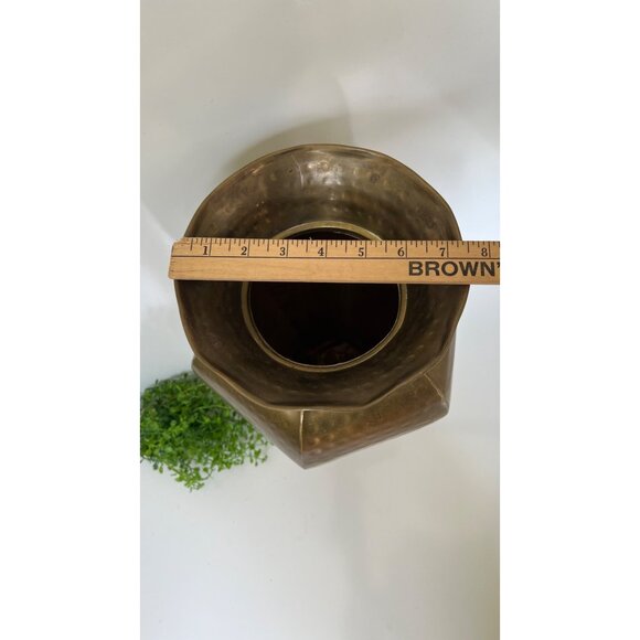 Handmade Hammered Brass Vase With Rope Detail 16" Tall Wide Flared Rim Hexagonal - Picture 6 of 7